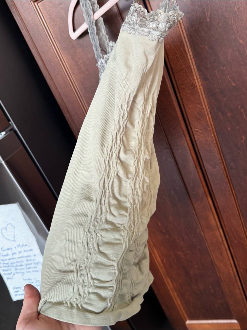 M Rena Womens One Size Lace Trim Seamless Tank Top Sage Green Ruched Camisole - Picture 9 of 10